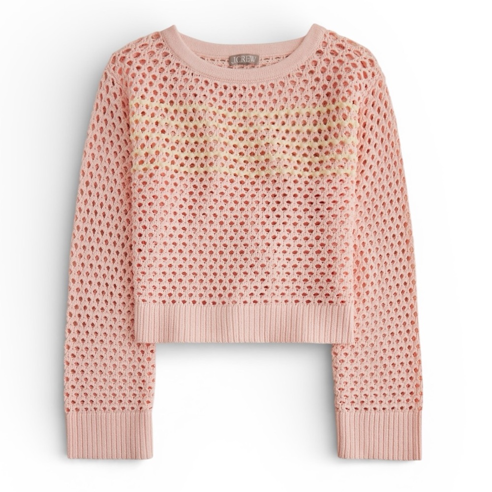 J. Crew Embellished Pointelle Crewneck Sweater Pink S Open-Knit Beachy Cropped